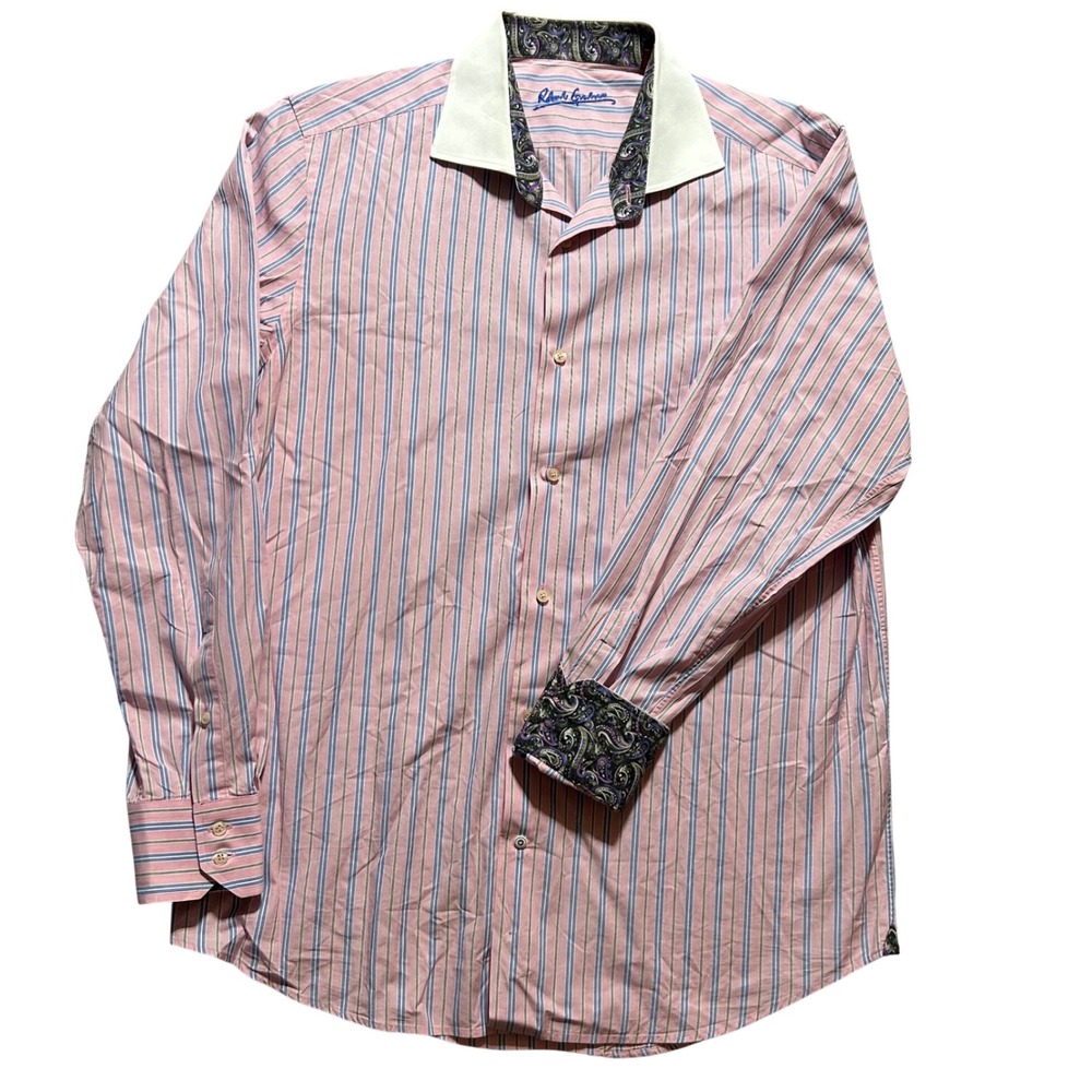 Robert Graham Button Down Shirt Mens L Pink Blue Striped Paisley Contrast Collar